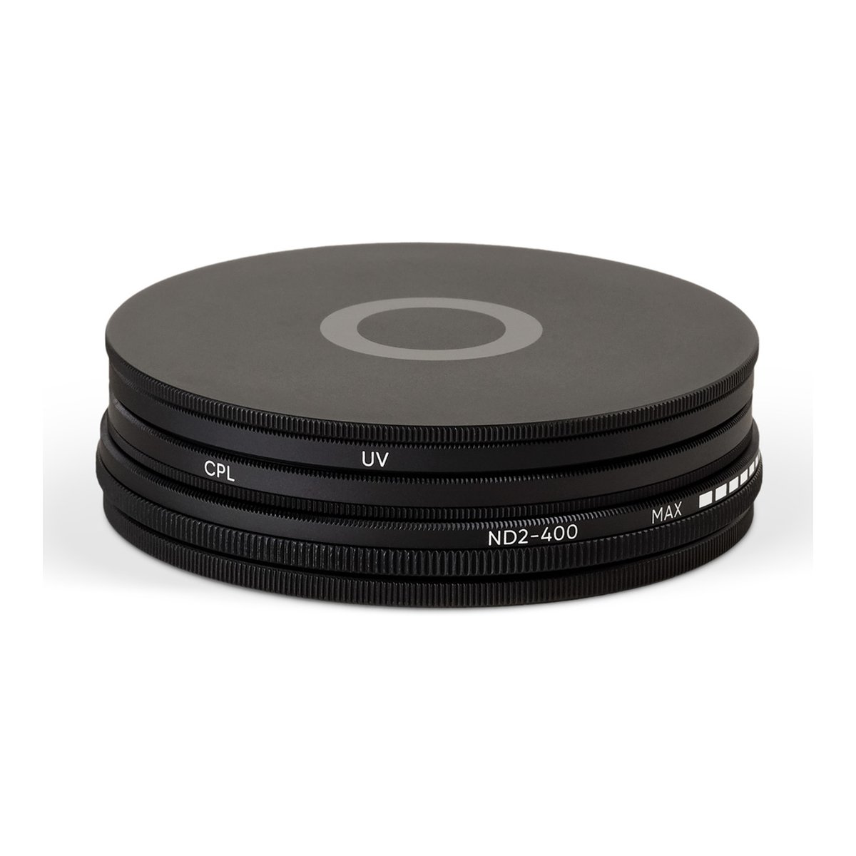 Urth 39mm UV, Circular Polarizing (CPL), ND2-400 Objektivfilter-Kit - Gestapelte UV-, CPL- und ND2-400 Kamerafilter in Aufsicht
