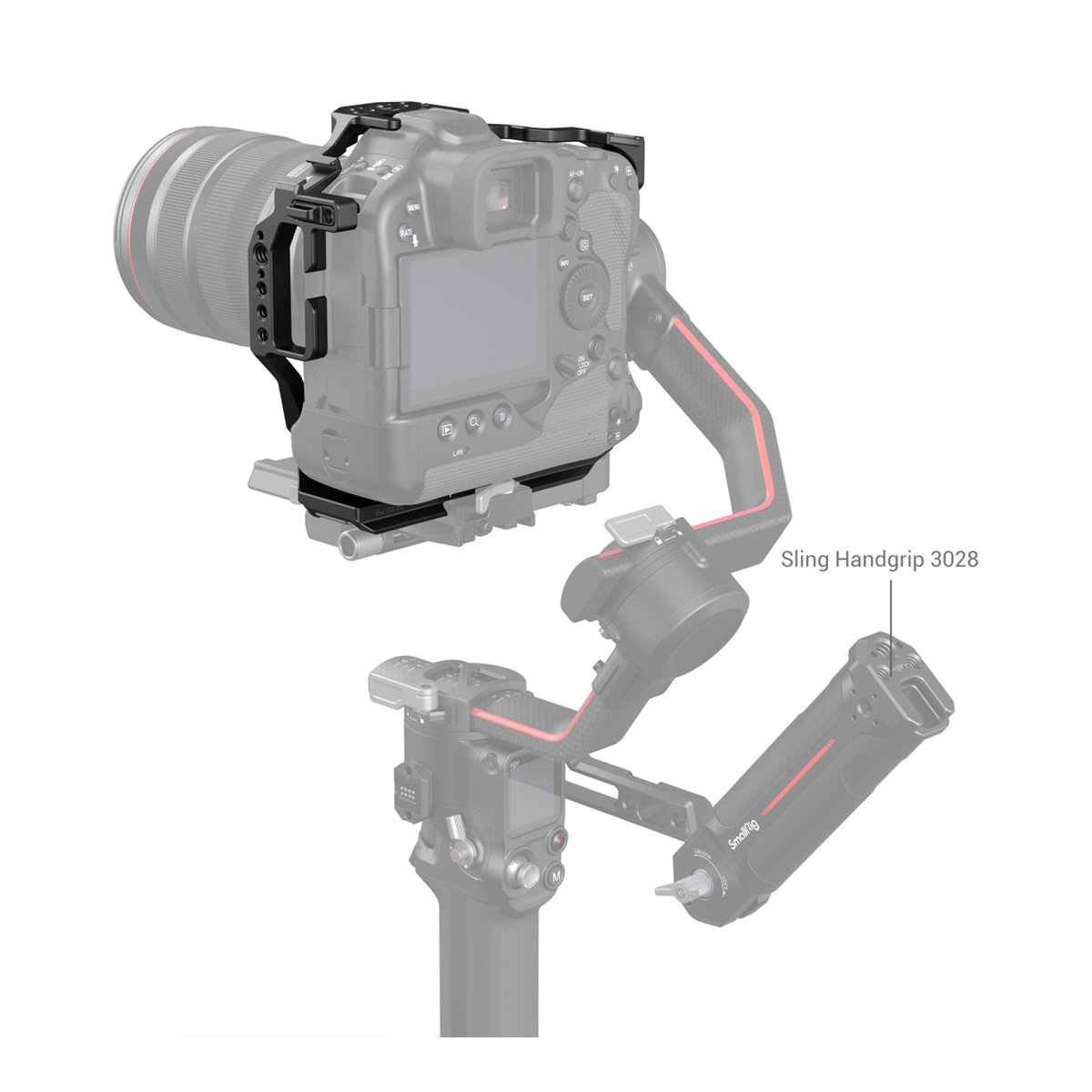 SmallRig 3884 Cage für Canon EOS R3 - Systemansicht: SmallRig Sling Handgriff 3028 mit Kameragimbal und Spiegelreflexkamera. SmallRig 3884 Cage für Canon EOS R3 - Systemansicht: SmallRig Sling Handgriff 3028 mit Kameragimbal und Spiegelreflexkamera.