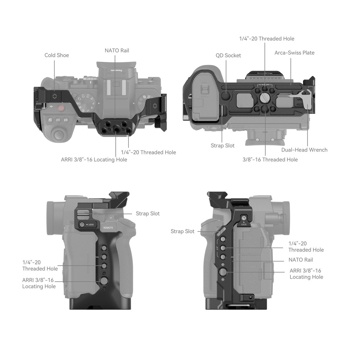 SmallRig 4022 Cage für Panasonic Lumix G9 II / S5 II / S5 IIX - Detailansicht aller Seiten eines Kamerakäfigs mit beschrifteten Befestigungspunkten