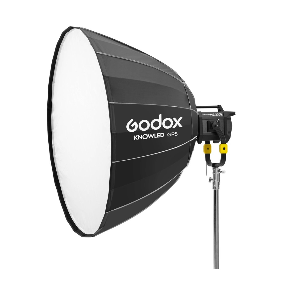 Godox GP5 Parabolic Softbox 150cm for KNOWLED MG1200Bi Bi-Color LED Light - Seitenansicht: Godox Knowled GP5 Parabol Softbox auf Stativ