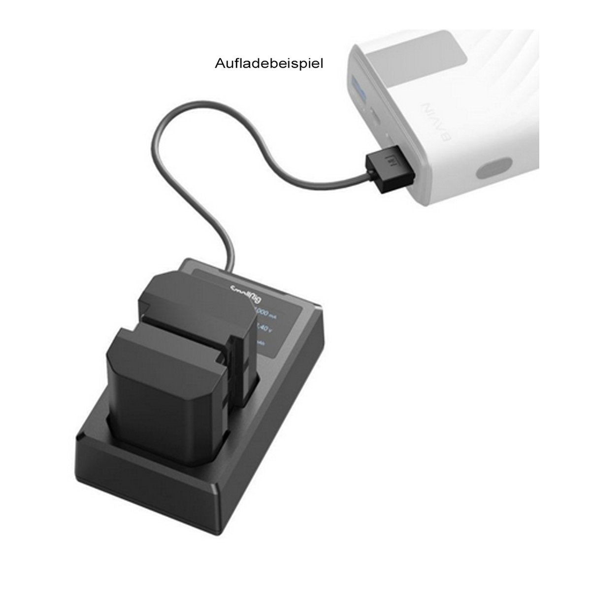 SmallRig 3824B NP-FZ100 Kamera-Akku und Ladegerät Kit - Aufladebeispiel: Ladestation mit zwei Akkus, verbunden mit Powerbank SmallRig 3824B NP-FZ100 Kamera-Akku und Ladegerät Kit - Aufladebeispiel: Ladestation mit zwei Akkus, verbunden mit Powerbank