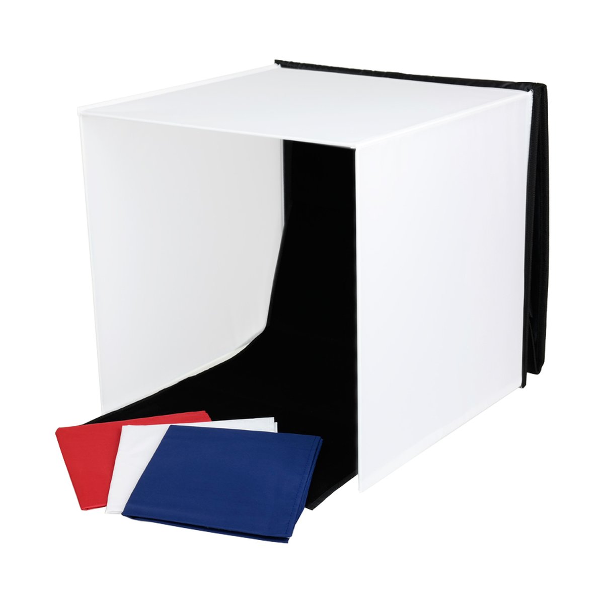 Caruba Tragbares Fotostudio 40x40x40cm mit Separaten Halogenlampen - Lieferumfang: Weißes Fotozelt mit schwarzem Hintergrund & 3 farbigen Stoffhintergründen (rot, weiß, blau).