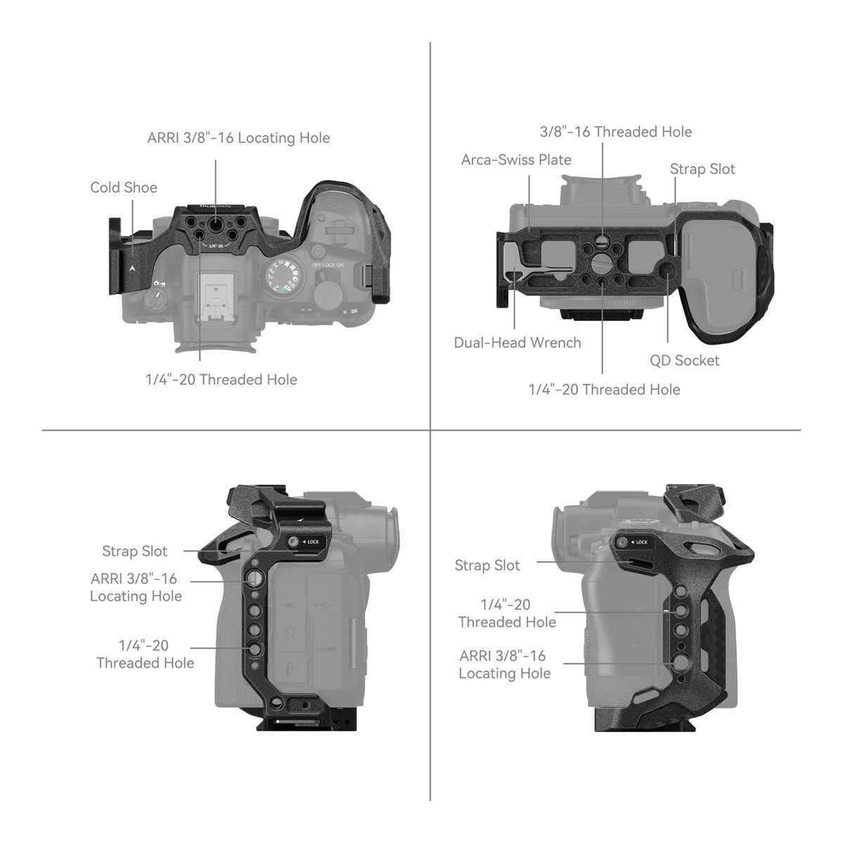 SmallRig 4161 Cage Black Mamba für Canon EOS R6 Mark II - Kamerahalterung: Detaillierte Ansichten von oben, unten, links, rechts mit beschrifteten Funktionen wie Befestigungspunkten.