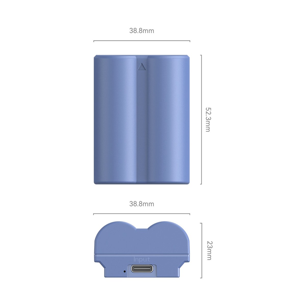 SmallRig 4266 NP-W235 USB-C (FUJIFILM) aufladbare Kamerabatterie - Technische Zeichnung: Abmessungen und Input-Anschluss der blauen Ladebox