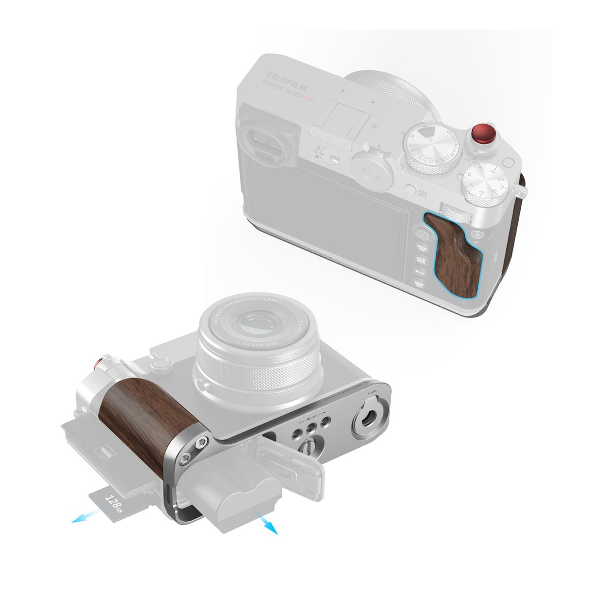 SmallRig 5265 L-Shape Mount Plate mit Holzgriff für Fujifilm GFX100RF silber - Anwendungsbeispiel: Hölzerner Kameragriff an Kamera, zeigt Daumenauflage und Zugang zu Akku/SD-Karte.