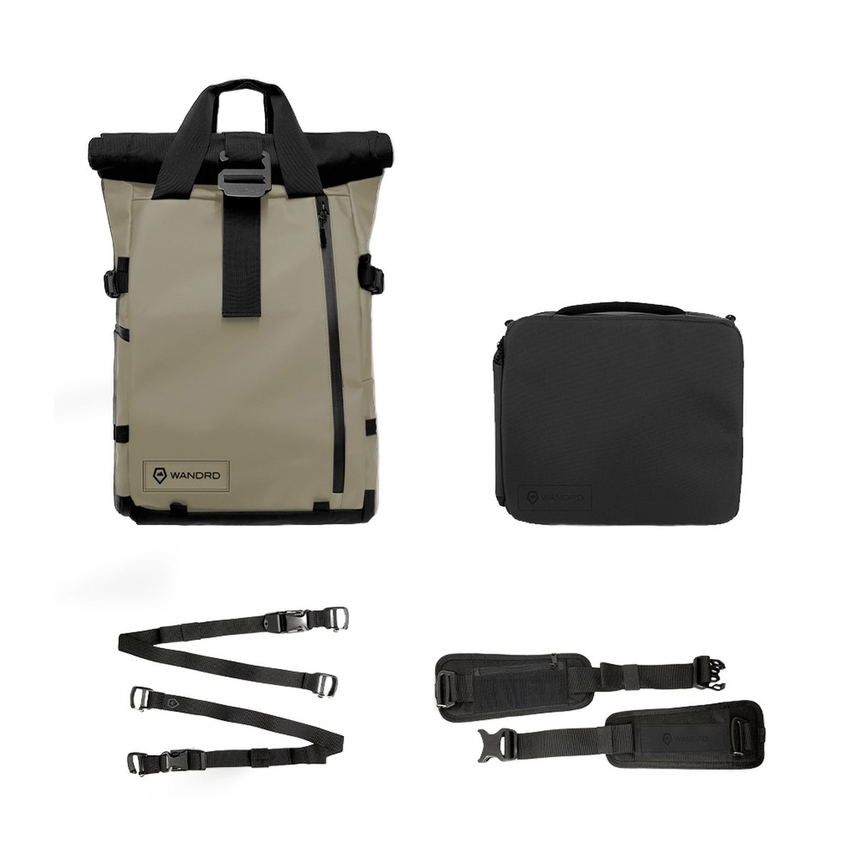 WANDRD PRVKE 21-Liter Tan Photo Bundel V3 - Lieferumfang: Beiger Rucksack, schwarzes Kameracase, Gurte und weiteres Zubehör. WANDRD PRVKE 21-Liter Tan Photo Bundel V3 - Lieferumfang: Beiger Rucksack, schwarzes Kameracase, Gurte und weiteres Zubehör.