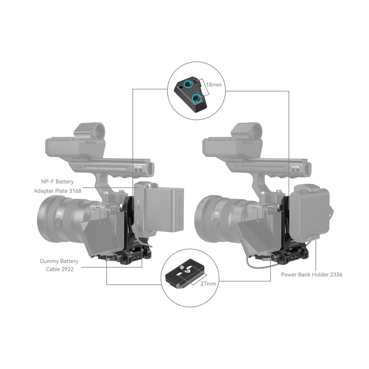 SmallRig 4064B Kompaktes V-Mount-Batterie Montagesystem - Anwendungsbeispiel: Montageoptionen für externe Akkuhalter (NP-F, Powerbank) am Kamerarig; inkl. Detailmaße.