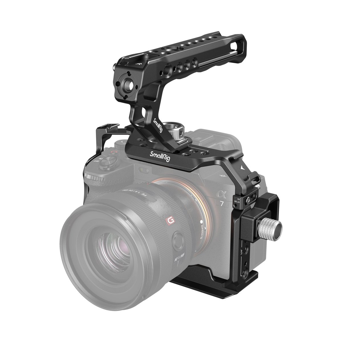 SmallRig 3668B Basic Kit für Sony Alpha 7R V / Alpha 7 IV / Alpha 7SIII - SmallRig Kamerakäfig und Top-Griff an Kamera, 3/4-Ansicht