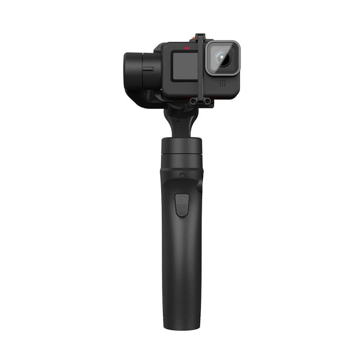 Hohem iSteady Pro4 - Frontansicht eines schwarzen Gimbal mit Action-Kamera