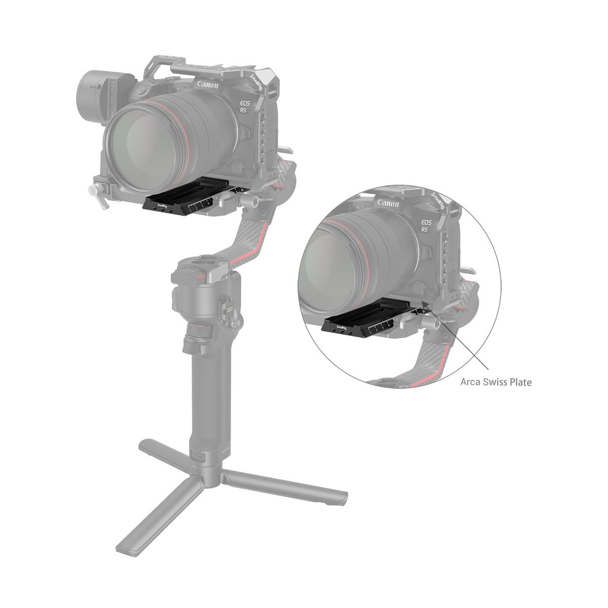 SmallRig 3061 Schnellwechselplatte mit Arca-Swiss für DJI RS2/RSC2 - Anwendungsbeispiel: Arca Swiss Platte zur Kamera-Gimbal-Montage mit Detailansicht der Platte.