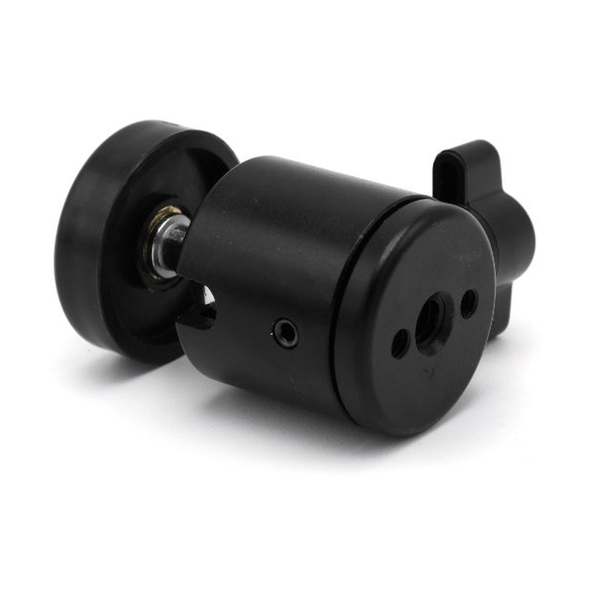 Caruba Mini-Kugelkopf (1/4 "F - 1/4 "M) - Detailansicht: Schwarzer Metalladapter mit Einstellknopf und Gewindeanschlüssen