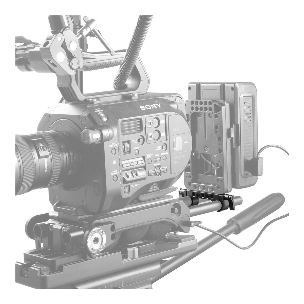 SmallRig 942 Rod Clamp v3 (15 mm) für RED- und DSLR-Rigs - Anwendungsbeispiel: Professionelle Sony-Kamera mit umfangreichem Zubehör montiert
