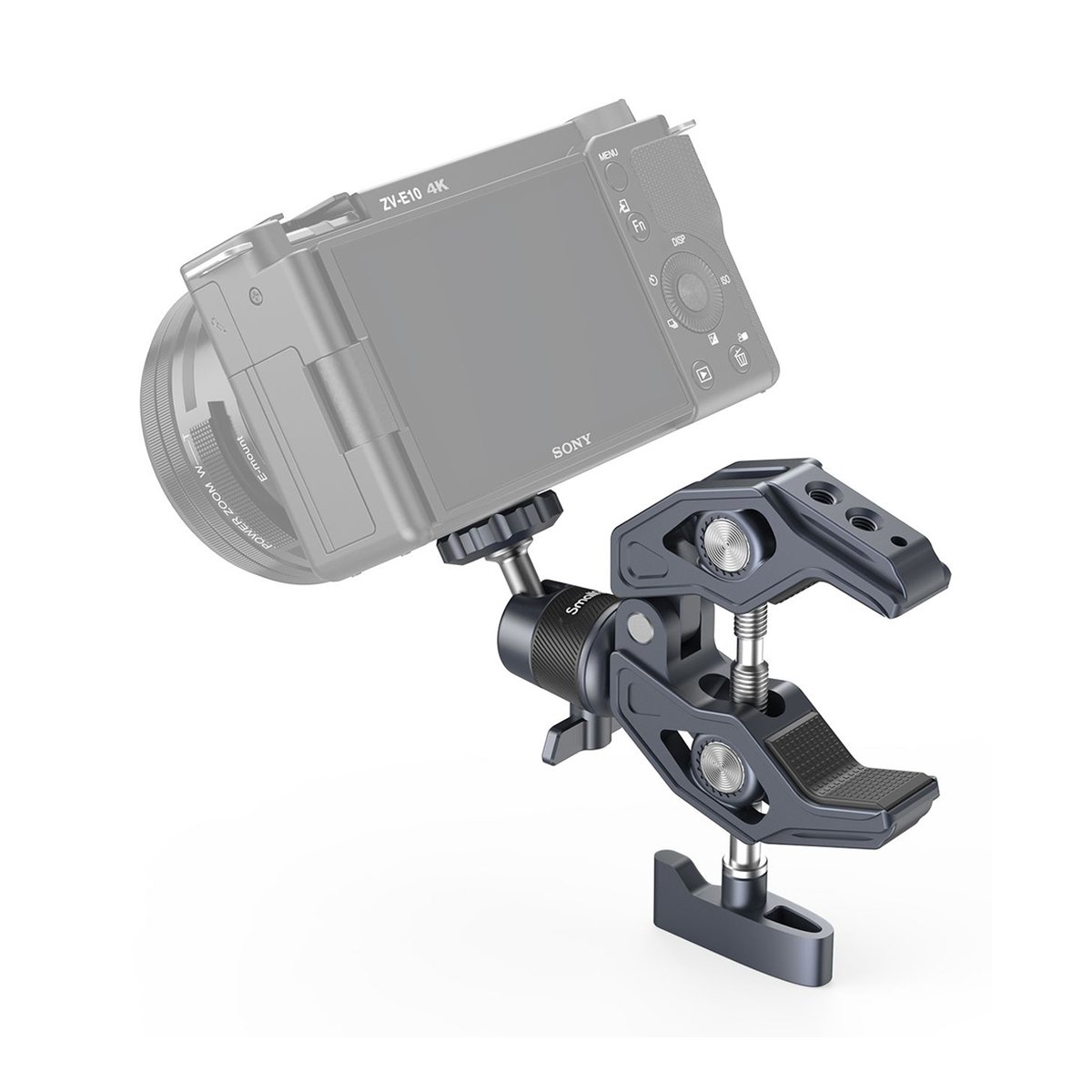 SmallRig 4102B Super Clamp mit 360° Kugelkopfhalterung für Action-Kameras - Anwendungsbeispiel: Multifunktionsklemme mit Kugelgelenk hält Sony ZV-E10 Kamera