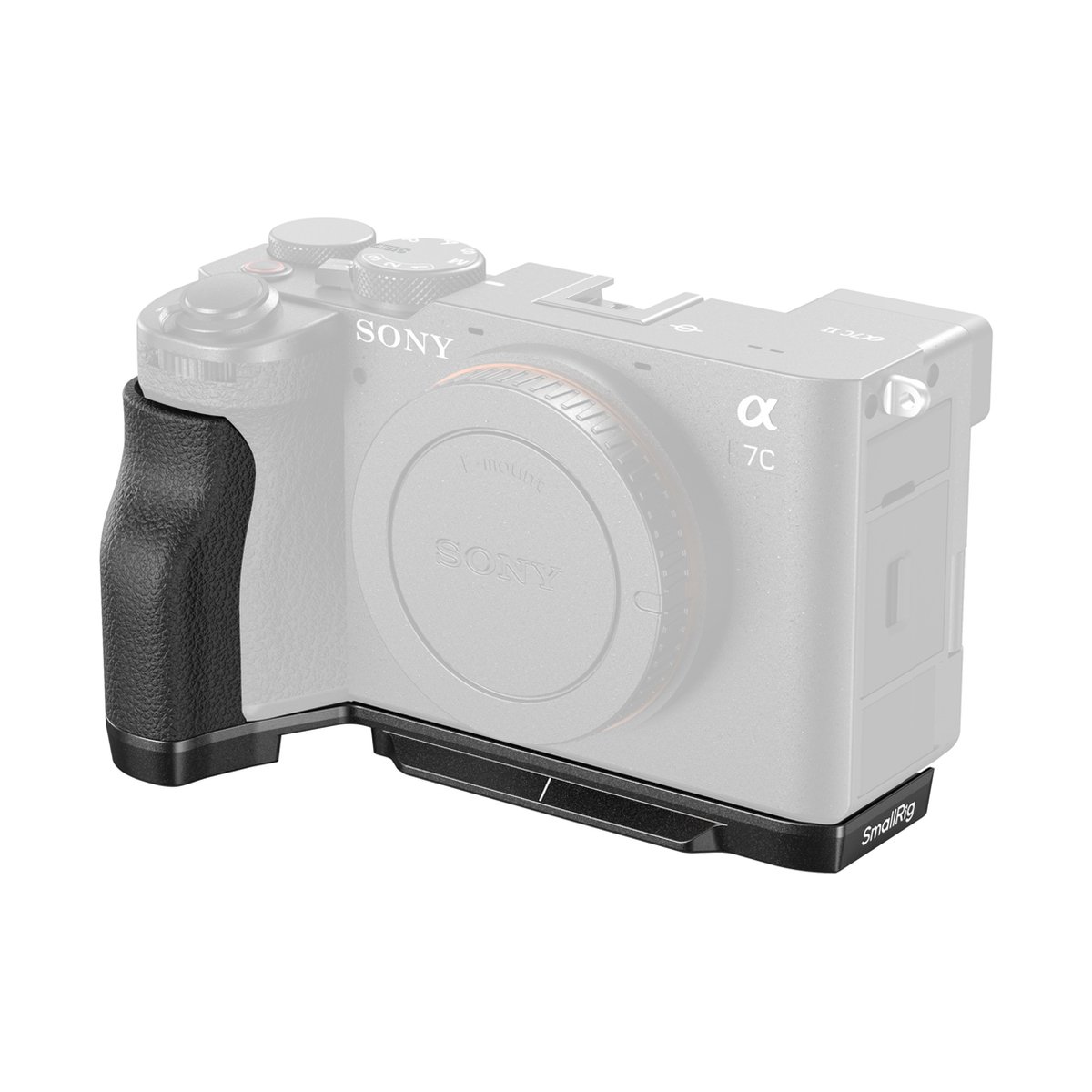 SmallRig 4797 L-förmige Montageplatte mit Silikonhandgriff für Sony Alpha 7C II/7CR - SmallRig Kamera-Griff und Bodenplatte an Sony a7C Kamera montiert, von vorne rechts.