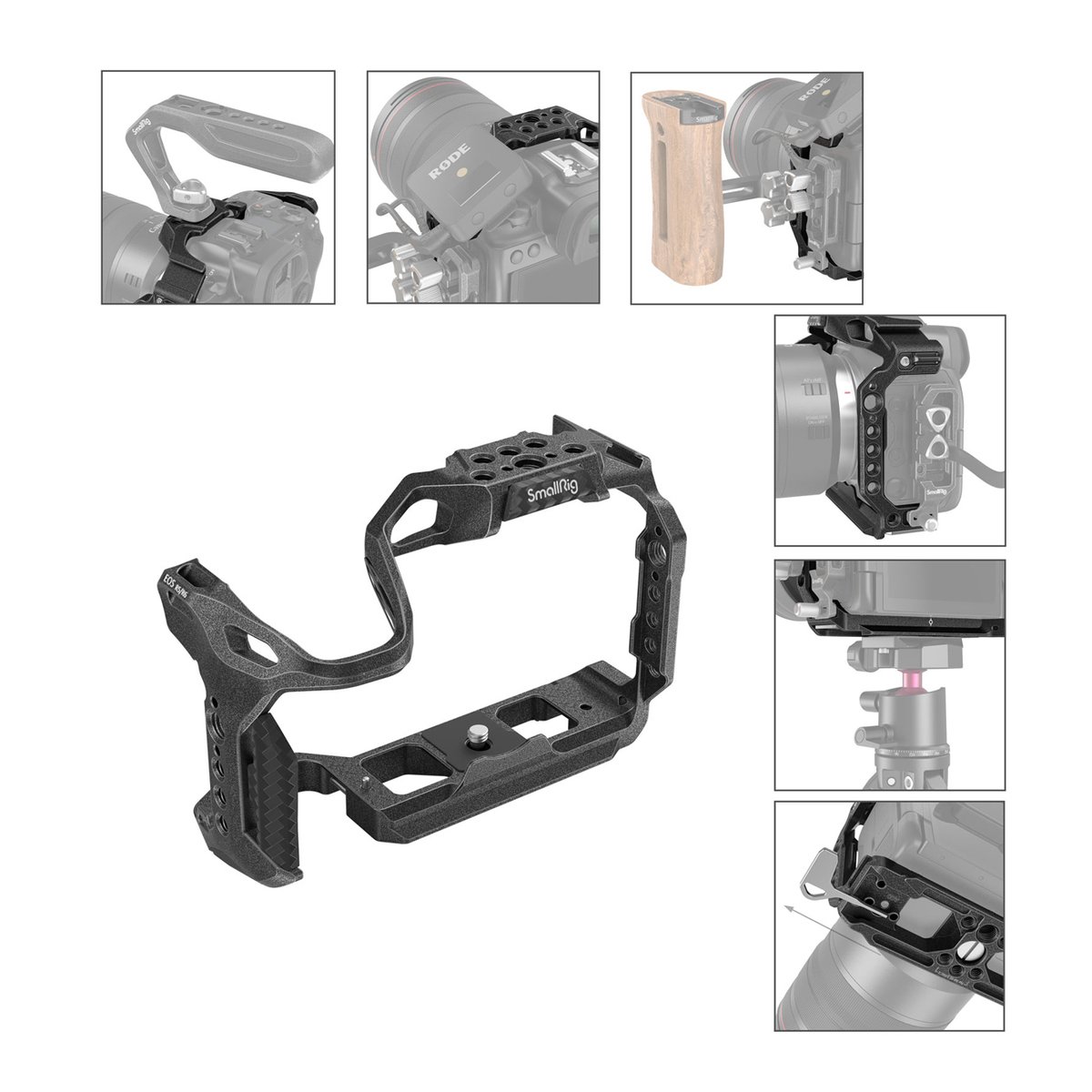 SmallRig 3233B Black Mamba Cage für Canon EOS R5/R6 - SmallRig Kamerakäfig: Produktansicht mit Anwendungsbeispielen und Detailansichten.