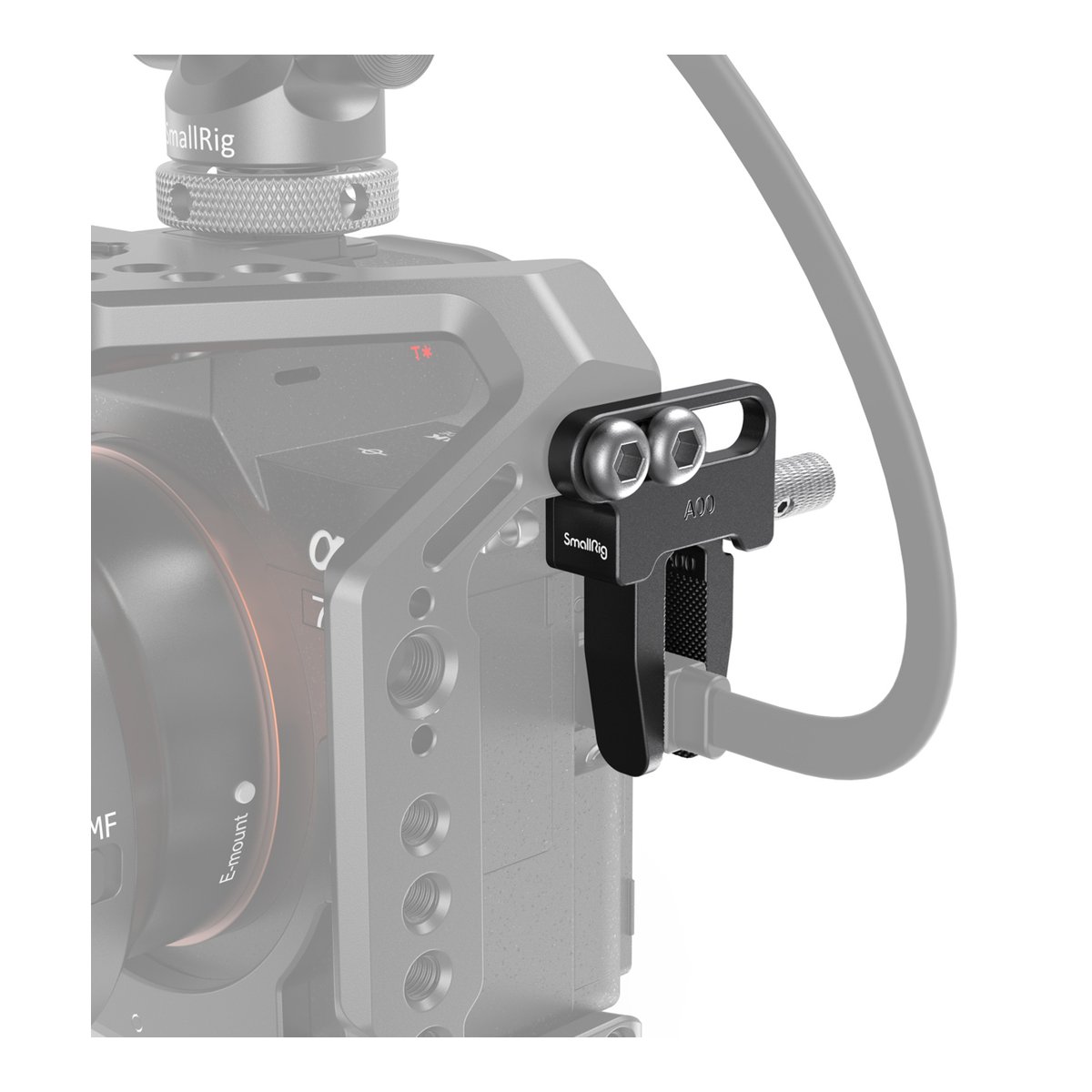 SmallRig 3637 HDMI Kabelklemme für Select Cages - Anwendungsbeispiel: SmallRig Kabelklemme befestigt HDMI-Kabel am Kamerakäfig.