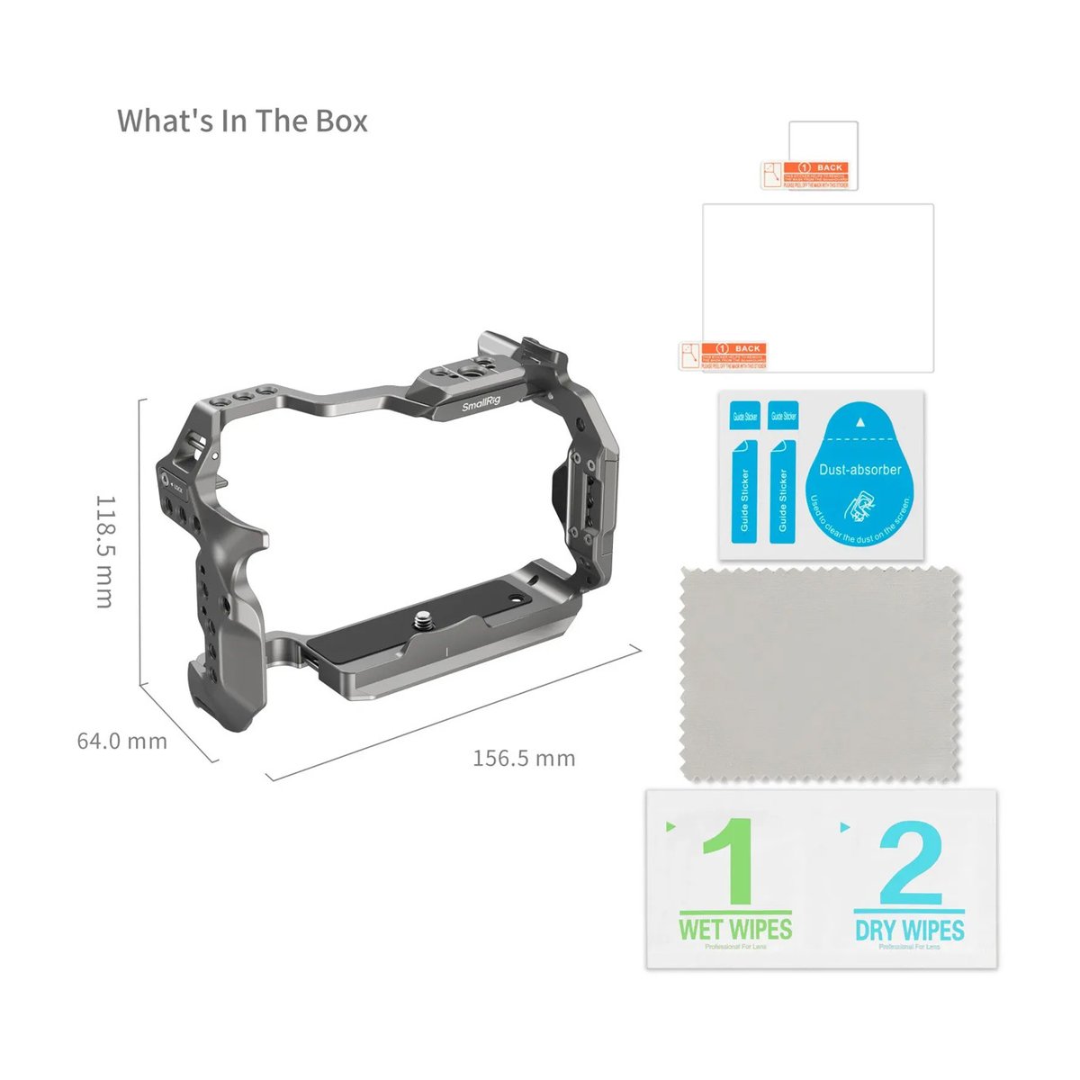 SmallRig 4977 HawkLock QR Cage f. Canon EOS R5 II - Lieferumfang: SmallRig Kamera-Cage mit Abmessungen, Displayschutzfolien und Reinigungszubehör.