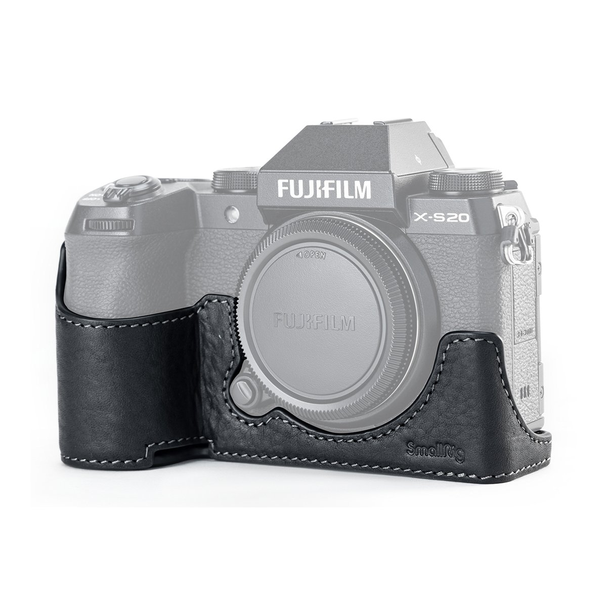 SmallRig 4232 Leather Case für Fujifilm X-S20 - Frontansicht der Fujifilm X-S20 Kamera in schwarzer SmallRig Leder-Halbtasche.