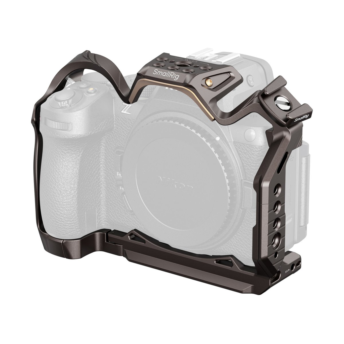 SmallRig 5258 Night Eagle, Cage für Nikon Z5II/5, Z6II/6, Z7II/7 - Anwendungsbeispiel: SmallRig Kamerakäfig auf Nikon Kamera montiert, Schrägansicht von vorne.