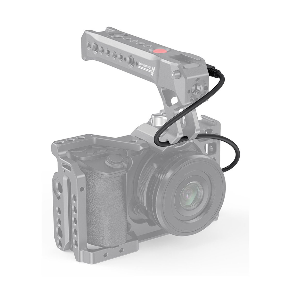 SmallRig 2971B Sony Multi-Camera Control Cable (Multi zu Typ-C) - Anwendungsbeispiel: Kameracage & Top-Griff an Systemkamera mit Kabel.