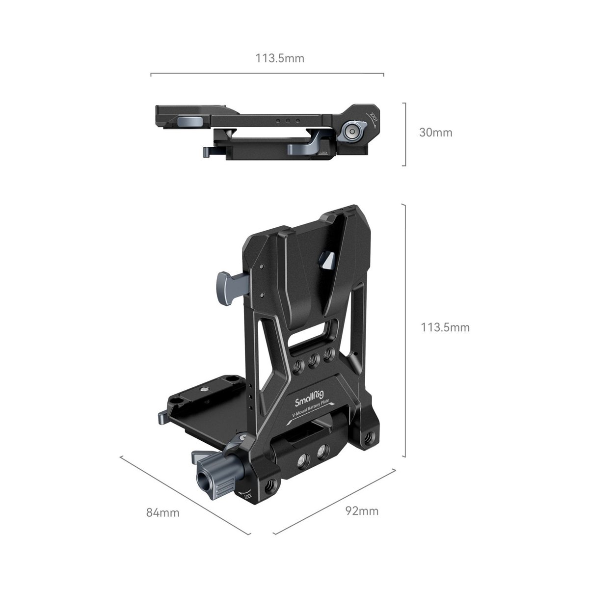 SmallRig 4505 V-Mount Akku-Montageplatte - Schrägansicht der SmallRig V-Mount Akkuplatte mit detaillierten Maßen