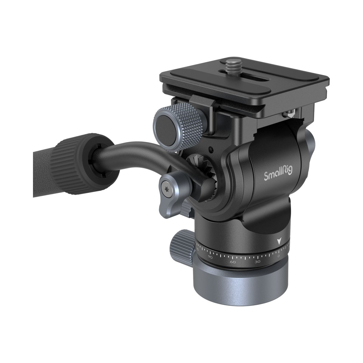 SmallRig 4170B Videokopf mit Nivelliersockel CH20 - Perspektivansicht des SmallRig Fluidkopfs mit Pan-Griff und Schnellwechselplatte.