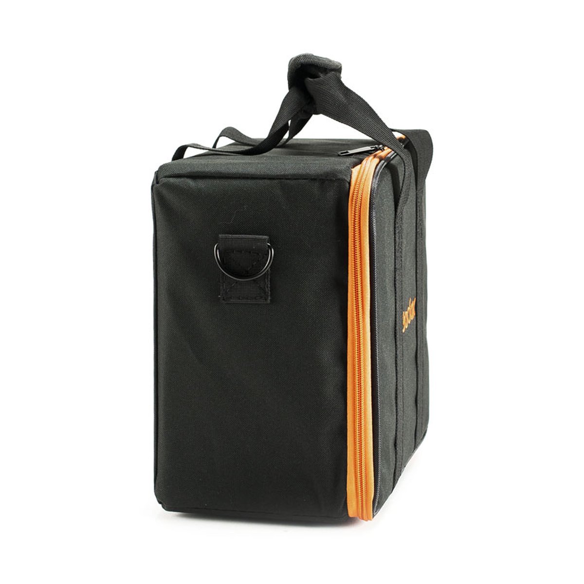 Godox CB-12 Tragetasche - Seitenansicht der schwarzen Tasche mit orangefarbenem Reißverschluss und D-Ring.