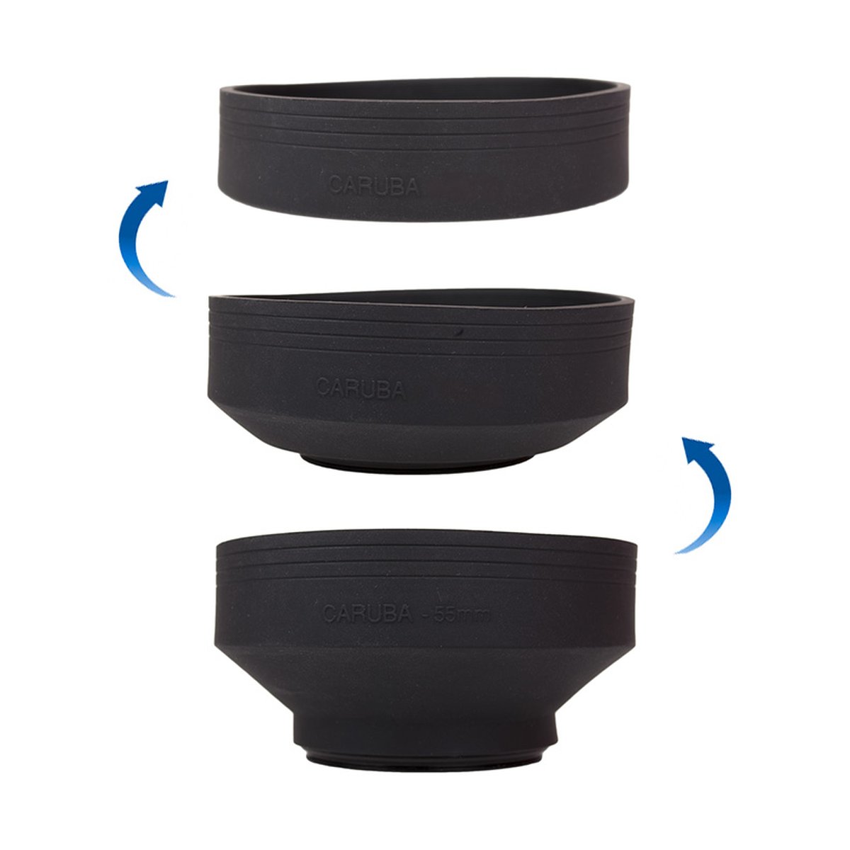 Caruba Gummi-Gegenlichtblende 3-in-1 58mm - Funktionsweise der flexiblen Gegenlichtblende: von eingefahren bis voll ausgefahren.