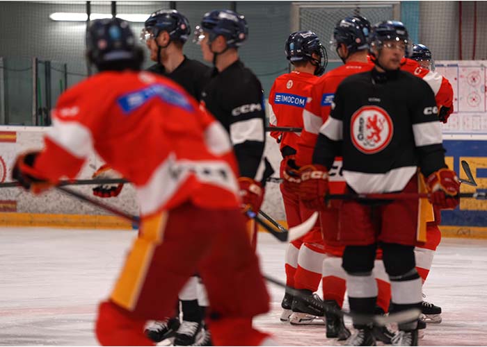 Bewegungsintensive Eishockeyszene, eingefangen mit der Sony A7 V.