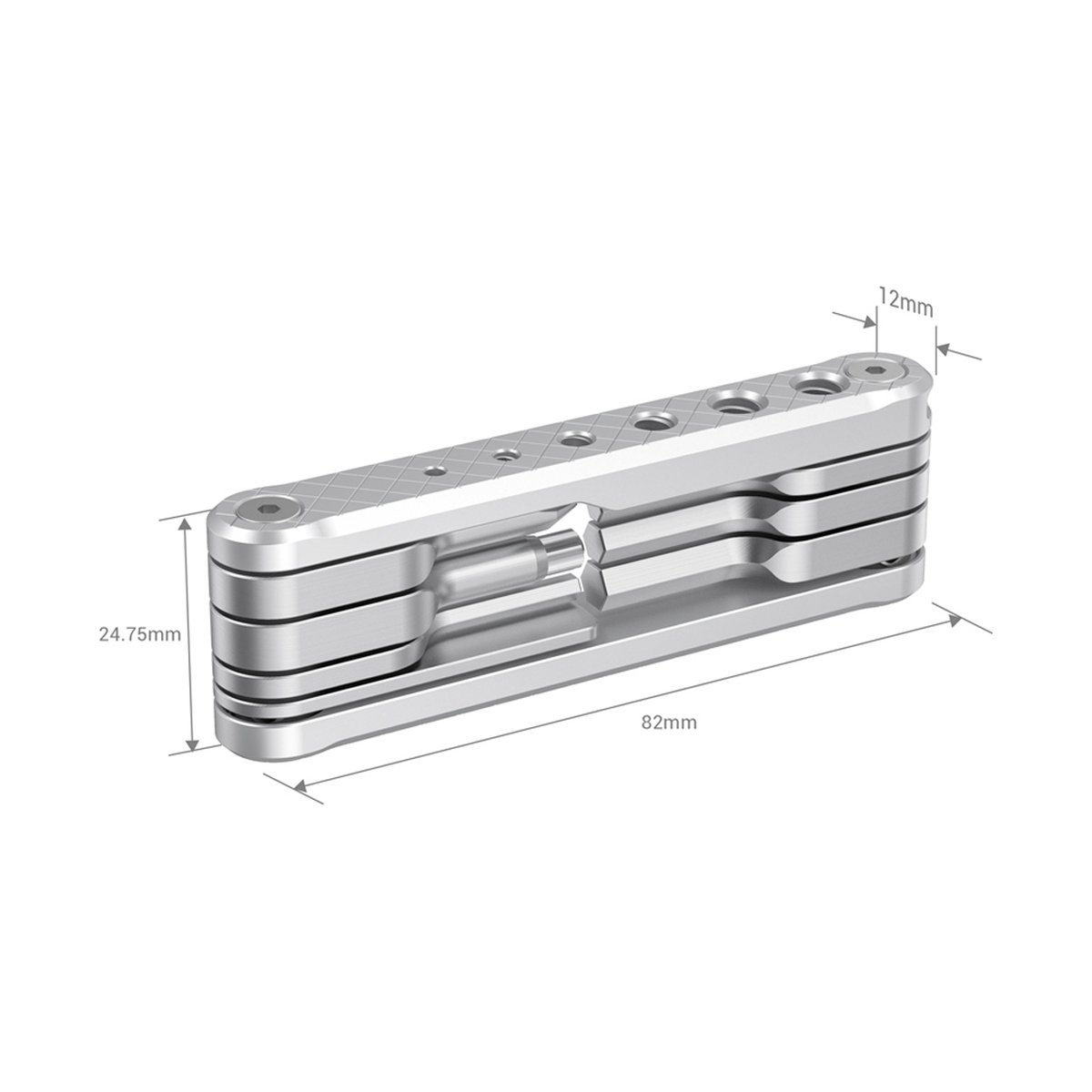 SmallRig 2213D Klappbares Werkzeug - Maßansicht des silbernen Multifunktionswerkzeugs: 82mm Länge, 24.75mm Höhe, 12mm Bohrungsdurchmesser.