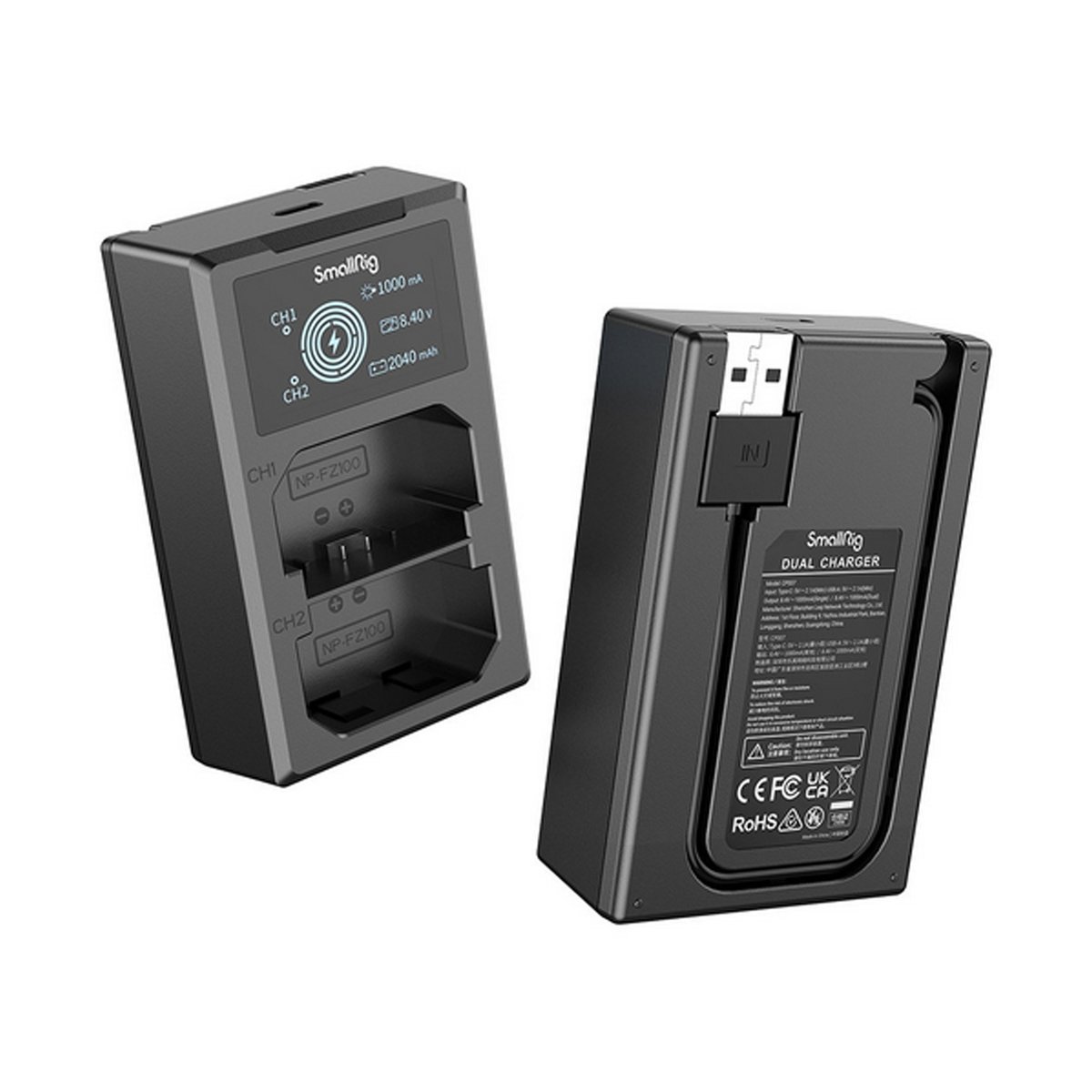 SmallRig 3824B NP-FZ100 Kamera-Akku und Ladegerät Kit - Front- und Rückansicht des SmallRig Dual Chargers mit Display und integriertem USB-Kabel
