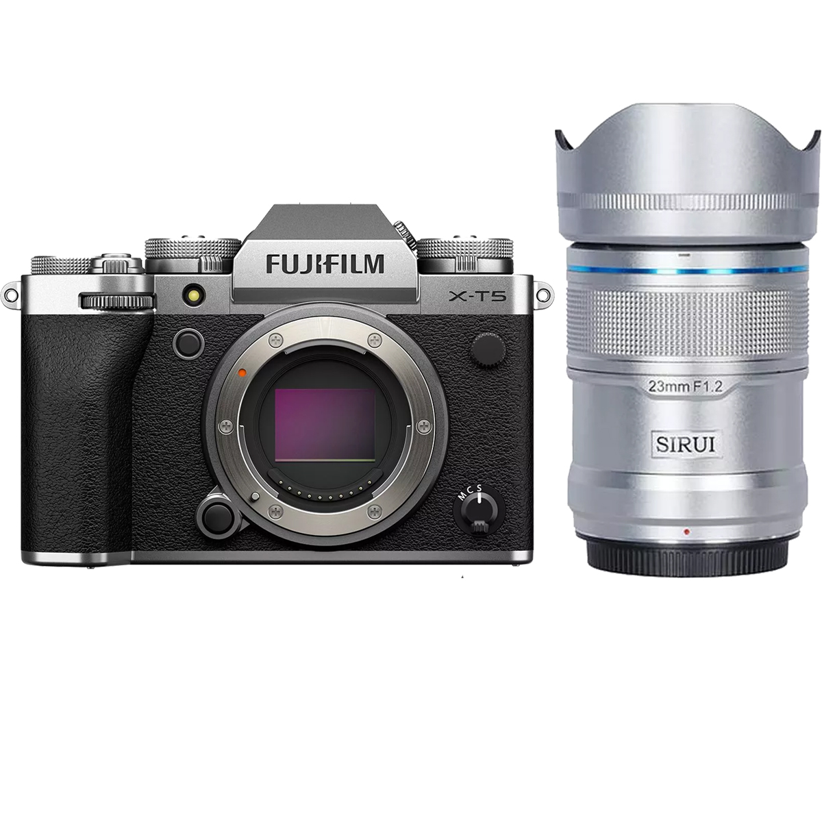 Fujifilm X-T5 Silber + Sirui Sniper Serie 23 mm 1:1,2 APS-C AF Fuji X-Mount Silber