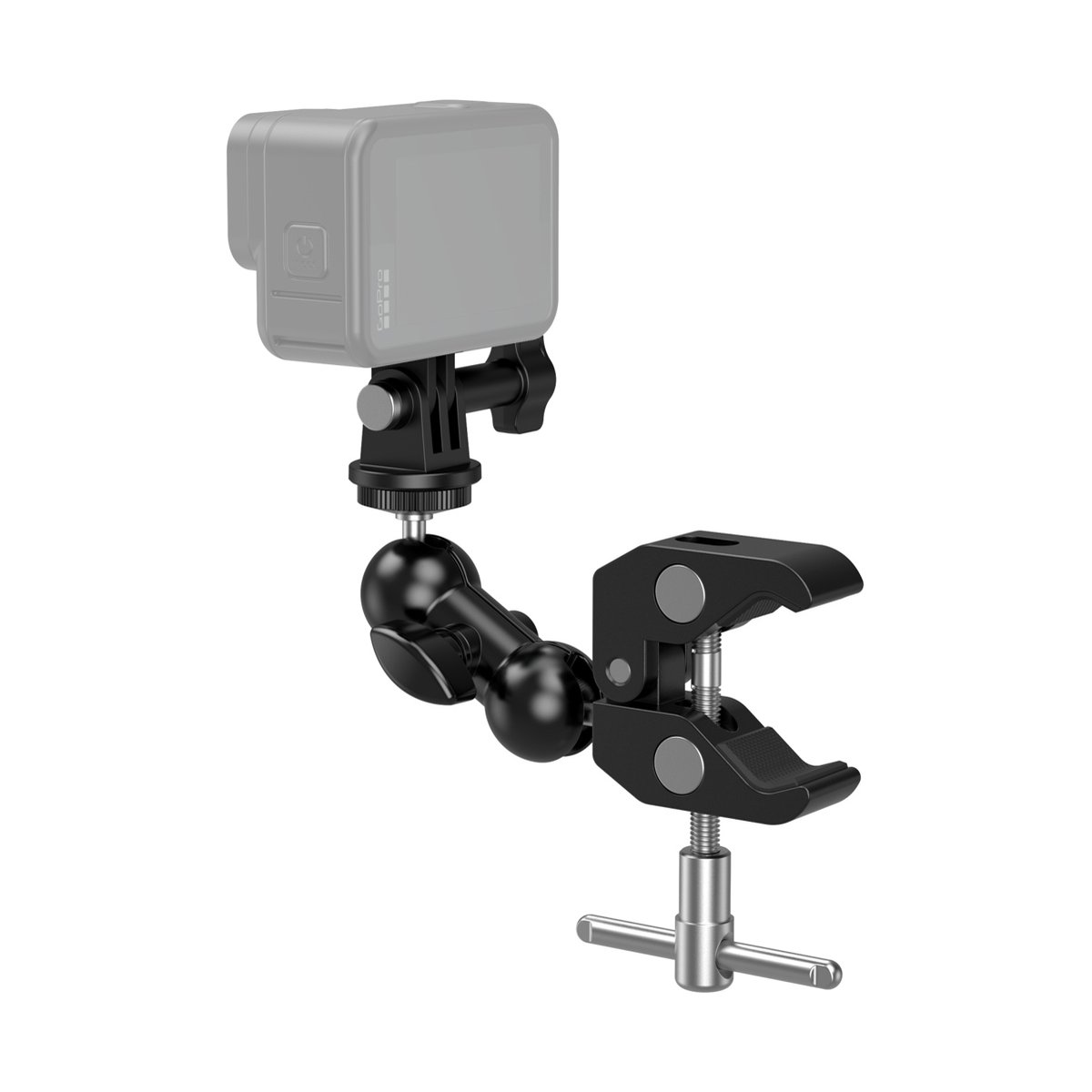SmallRig 1138B Crab-Shaped Clamp Kit mit Ballhead Gelenkarm - Anwendungsbeispiel: Klemmhalterung mit Kugelgelenkarm und Action-Kamera