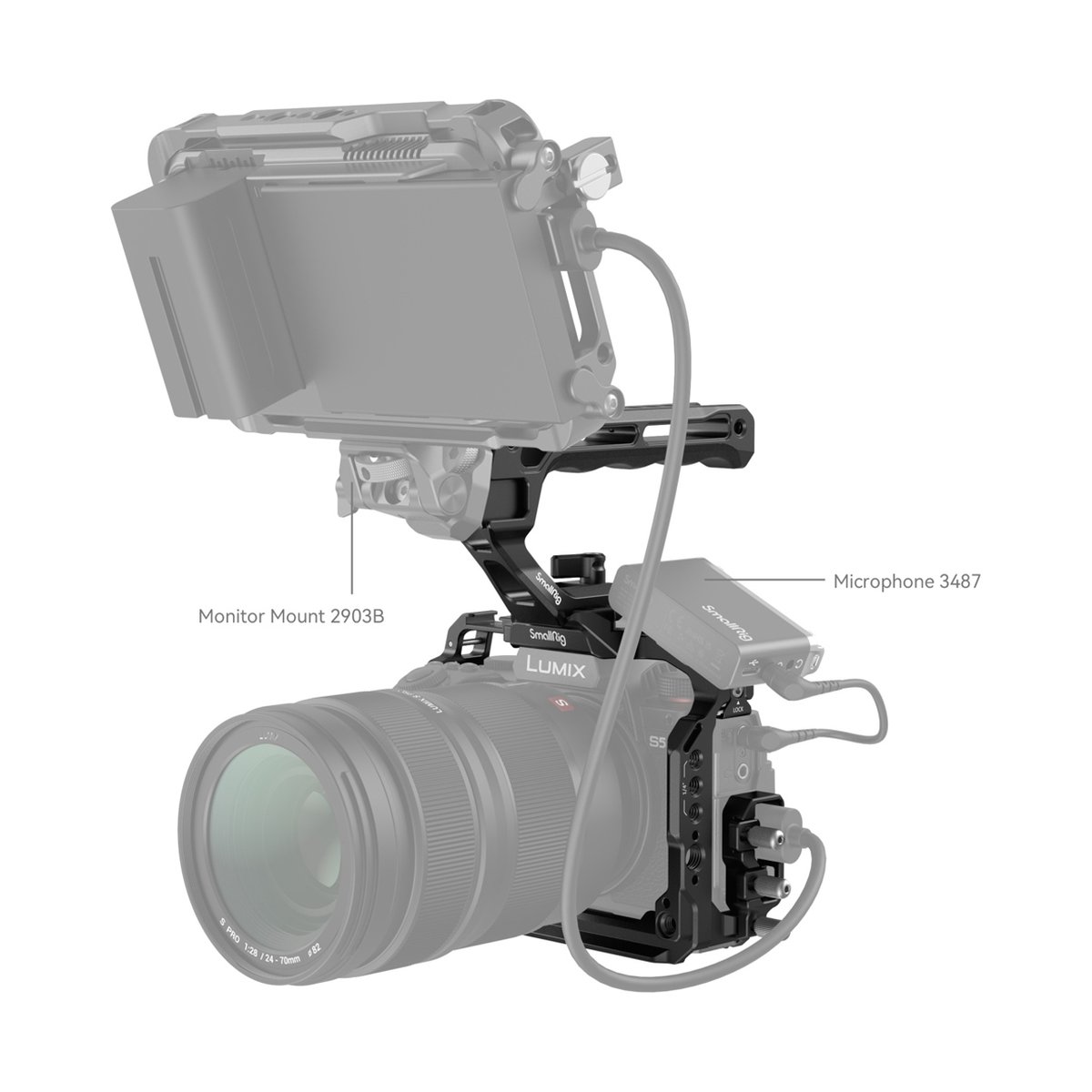 SmallRig 4143 Cage Kit für Panasonic Lumix G9 II / S5 II / S5 IIX - Anwendungsbeispiel: SmallRig Monitorhalterung 2903B & Mikrofon 3487 an einer Kamera