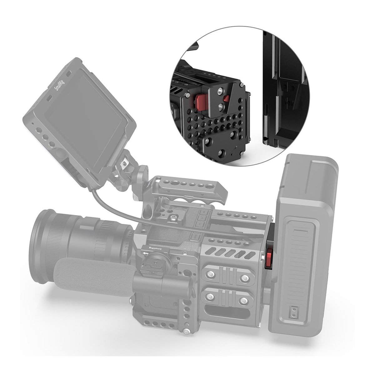 SmallRig 2801B Mini V-Lock Montage Kit - Detailansicht Schnellverschluss am Kamerakäfig