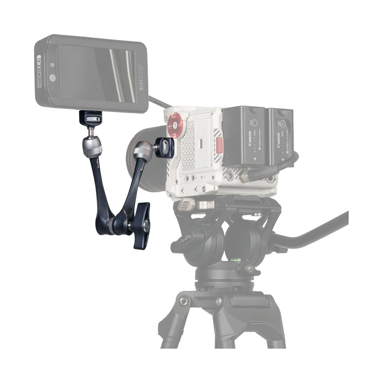 SmallRig 3959 Rosette Arm (11") - Anwendungsbeispiel: Magischer Gelenkarm befestigt Monitor an professioneller Kamera auf Stativ.