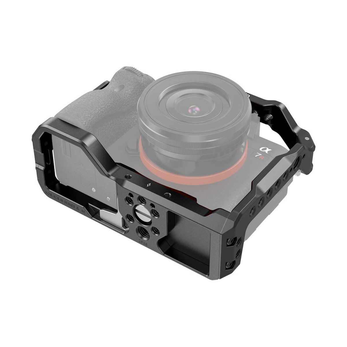 SmallRig 2918 Cage für Sony A7 III, A7R III und A9 - Anwendungsbeispiel: Schwarzer Kamerakäfig an Kamera montiert, schräg von oben