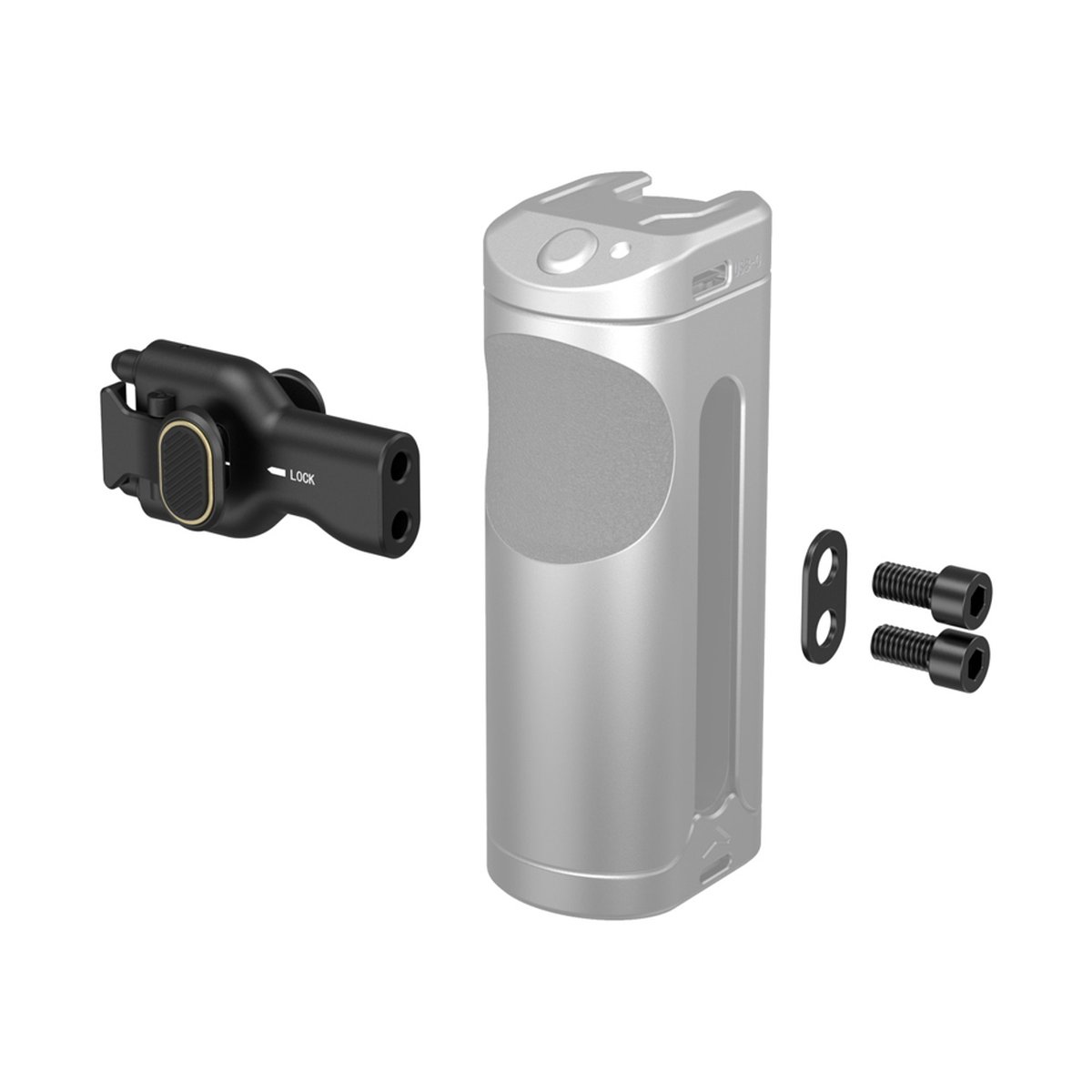 SmallRig 4404 Seitenhandgriff Schnellwechseladapter - Lieferumfang des Produkts: schwarze Halterung, silbernes Gehäuse, kleine Metallplatte und zwei Schrauben