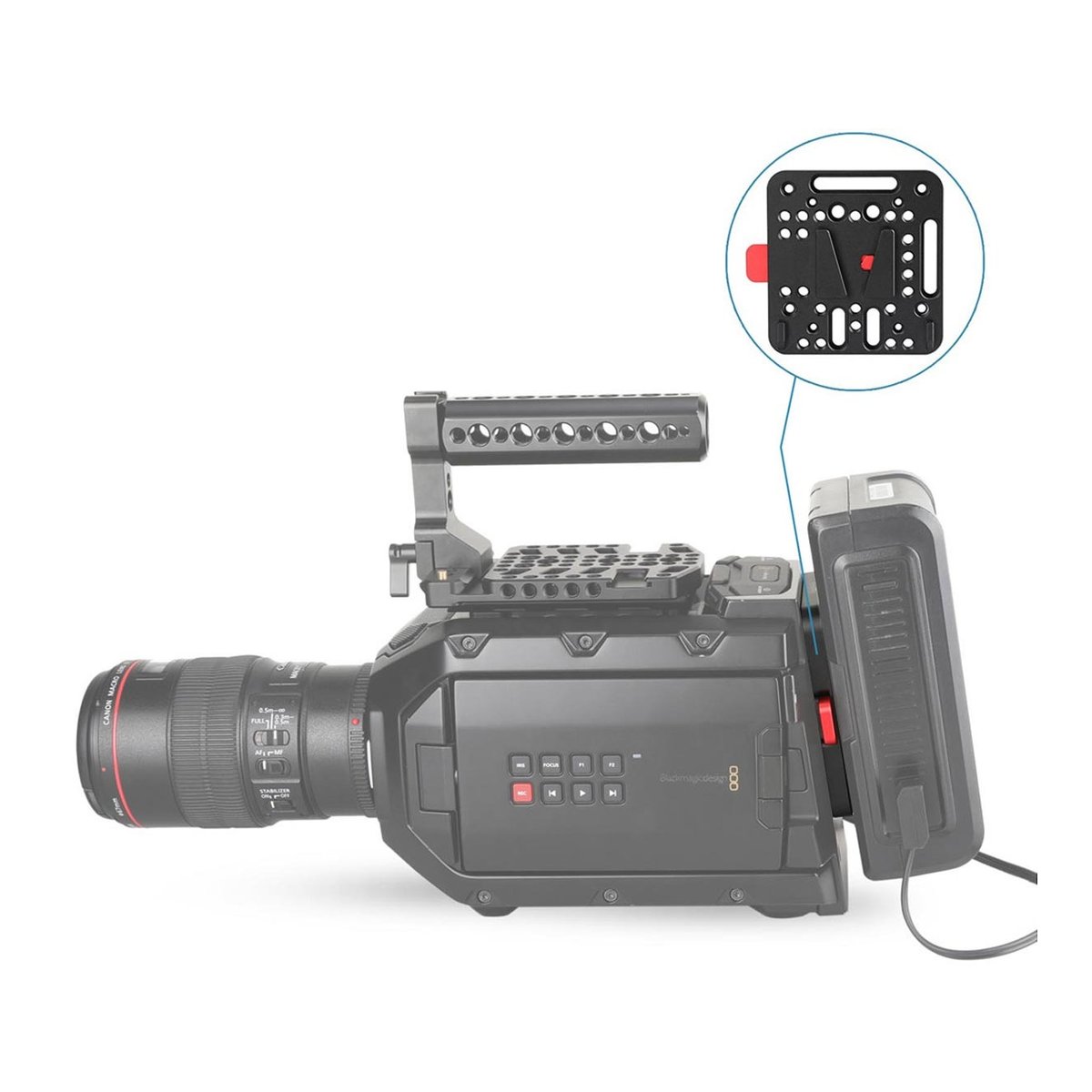 SmallRig 1846C V-Lock Assembly-Kit Quick Release-Set (V-Mount) - Seitenansicht Kamera mit montiertem Akku und Schnellwechselplatte, Detail der schwarzen Montageplatte.