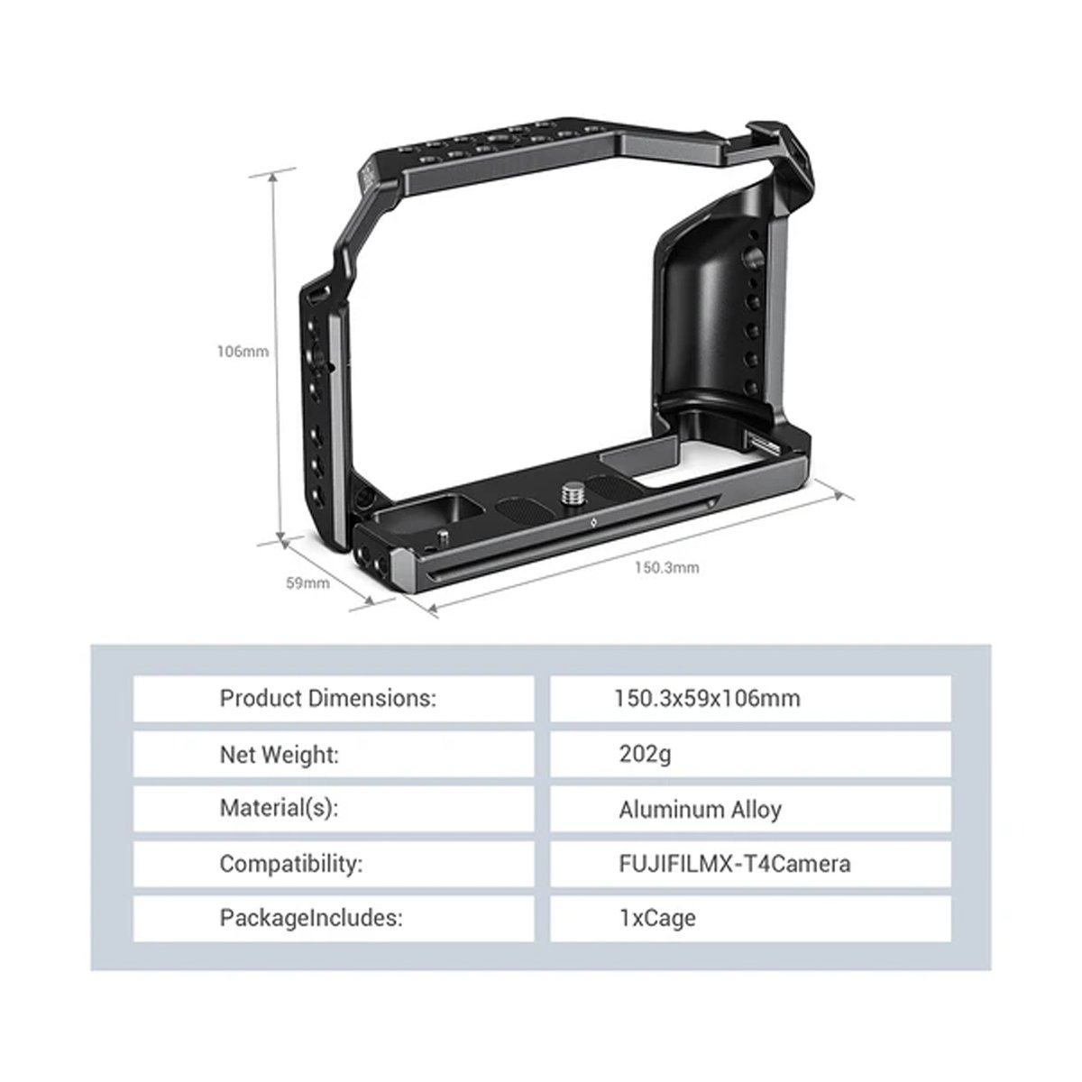 SmallRig 2808 Cage für Fujifilm X-T4 - Kamerakäfig-Ansicht mit Maßen & Spezifikationstabelle (Abmessungen, Gewicht, Material, Kompatibilität) SmallRig 2808 Cage für Fujifilm X-T4 - Kamerakäfig-Ansicht mit Maßen & Spezifikationstabelle (Abmessungen, Gewicht, Material, Kompatibilität)