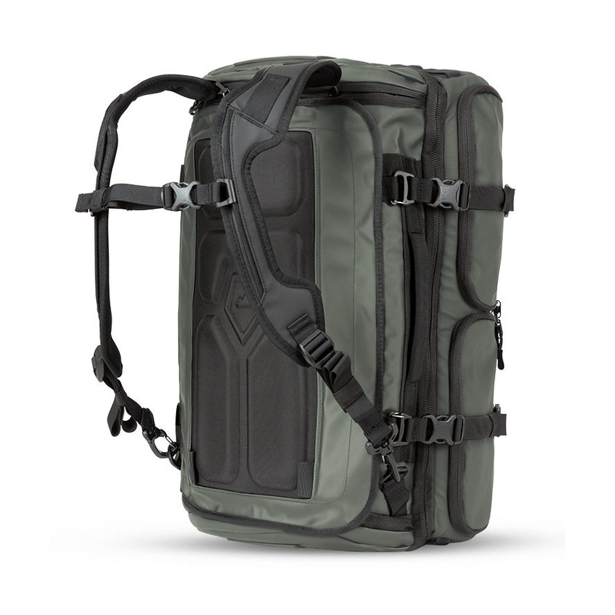 WANDRD HEXAD ACCESS DUFFEL Wasatch Green - Rückansicht: Olivgrüne Reisetasche mit gepolsterten Rucksackträgern und Rückenpolsterung. WANDRD HEXAD ACCESS DUFFEL Wasatch Green - Rückansicht: Olivgrüne Reisetasche mit gepolsterten Rucksackträgern und Rückenpolsterung.