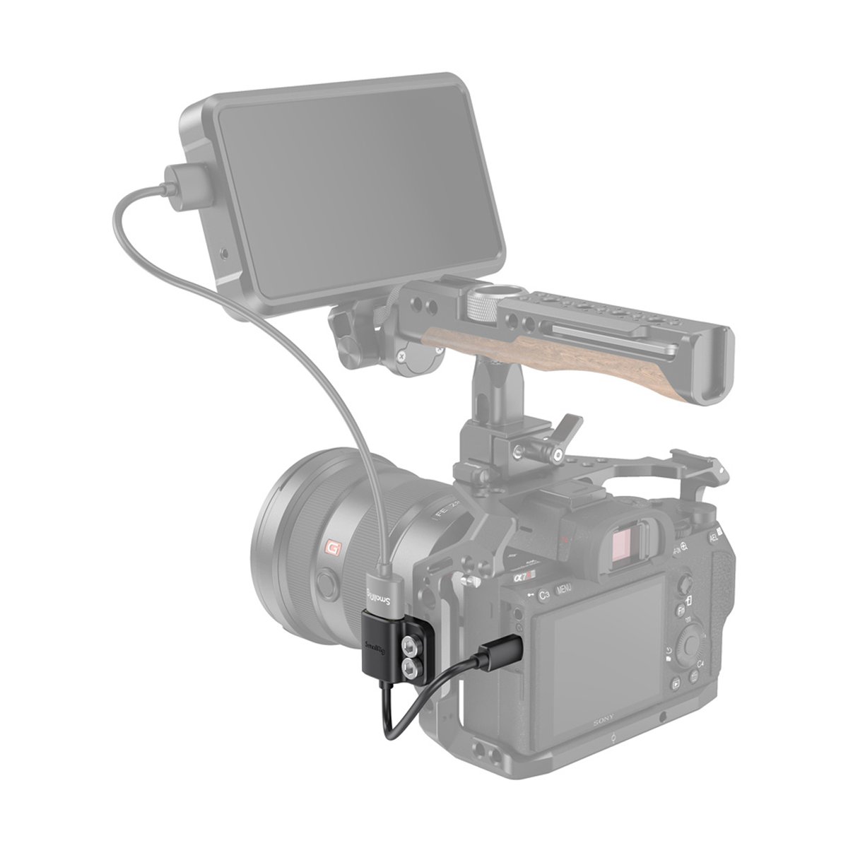 SmallRig 3021 Ultra Slim 4K HDMI 2.0 Adapter-Kabel (D zu A) - Anwendungsbeispiel: SmallRig Kabelklemme am Kameragehäuse, verbindet Monitor und Kamera.