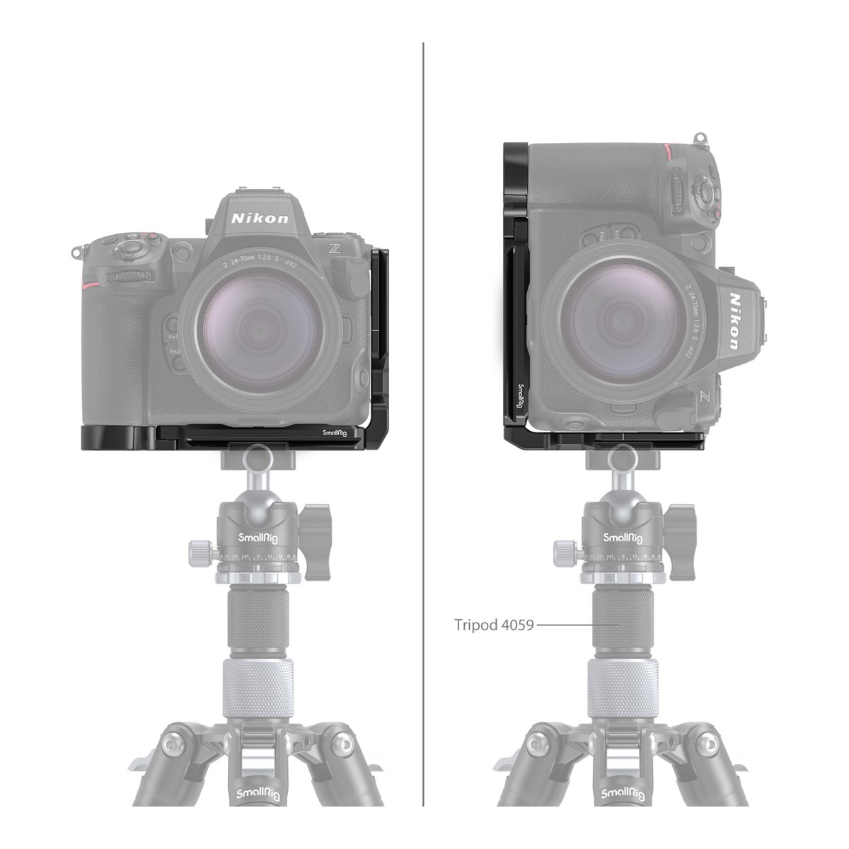 SmallRig 3942 L-Bracket für Nikon Z 8 - Anwendungsbeispiel: Nikon Kamera mit SmallRig L-Winkel auf Stativ in Quer- und Hochformat.
