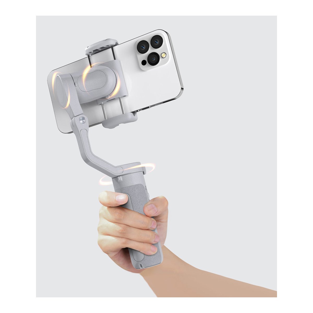 Hohem iSteady XE Black - Anwendungsbeispiel: Hand hält grauen Smartphone-Gimbal mit Handy, Rotation visualisiert