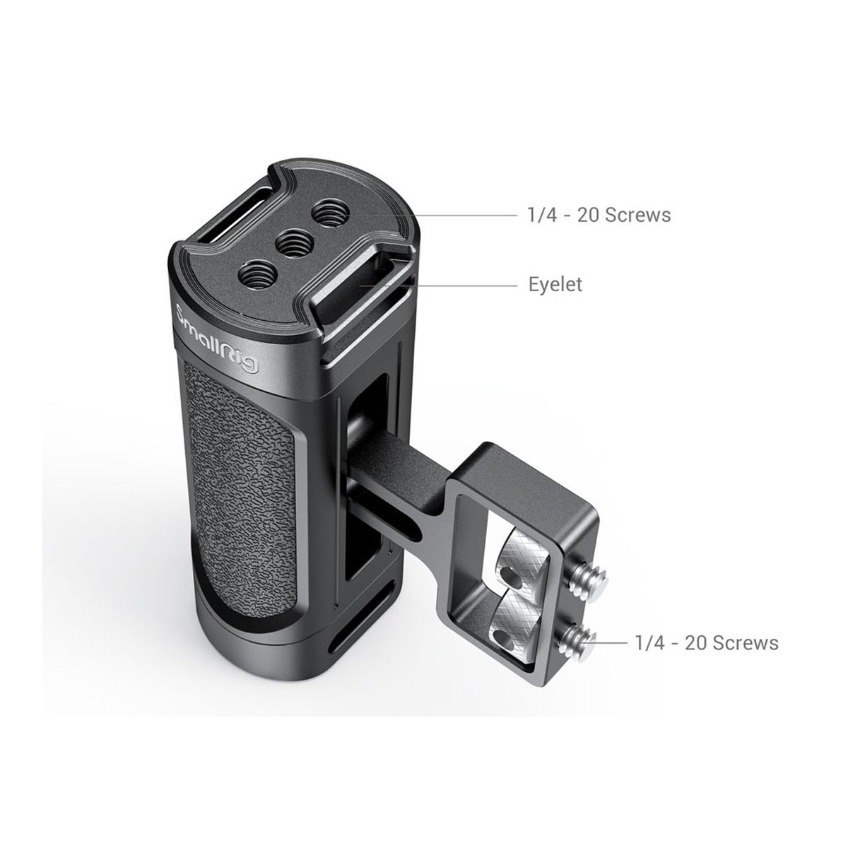 SmallRig 2916 Mini Seitengriff (1/4"-20 Schrauben) - Detailansicht mit Kennzeichnung der 1/4-20 Schrauben und Öse am SmallRig Griff.