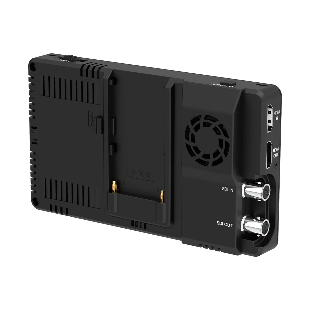 Feelworld 6" 4K LUT6S SDI Ultra Bright Monitor - Rückansicht des schwarzen Videomonitors mit SF970 Akkuhalterung, Lüfter, HDMI In/Out und SDI In/Out.