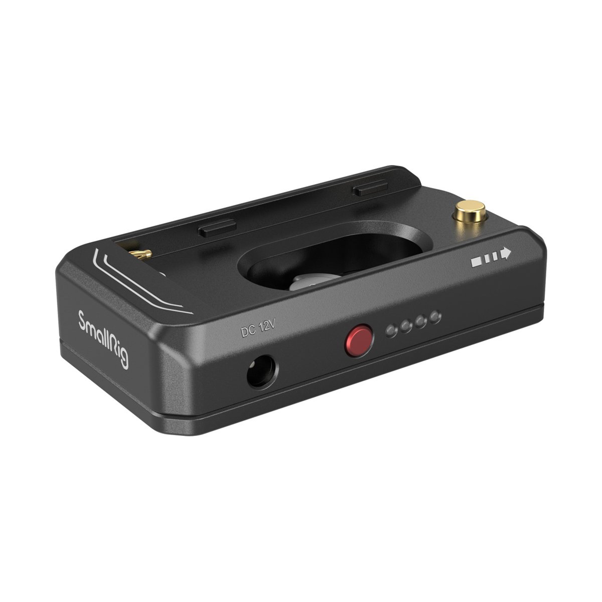 SmallRig 4341 NP-F Batterie-Adapter-Montageplattenkit+NP-FZ100 Dummy+Kabel - SmallRig Batterieplatte: Schräge Frontansicht mit DC 12V Anschluss, rotem Knopf und Lade-LEDs.