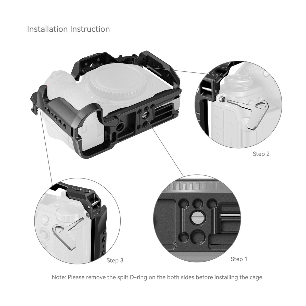SmallRig 4519 Cage für Nikon Z 6III - Installationsanleitung des Kamera-Cages mit detaillierten Ansichten der Montageschritte 1, 2 und 3.