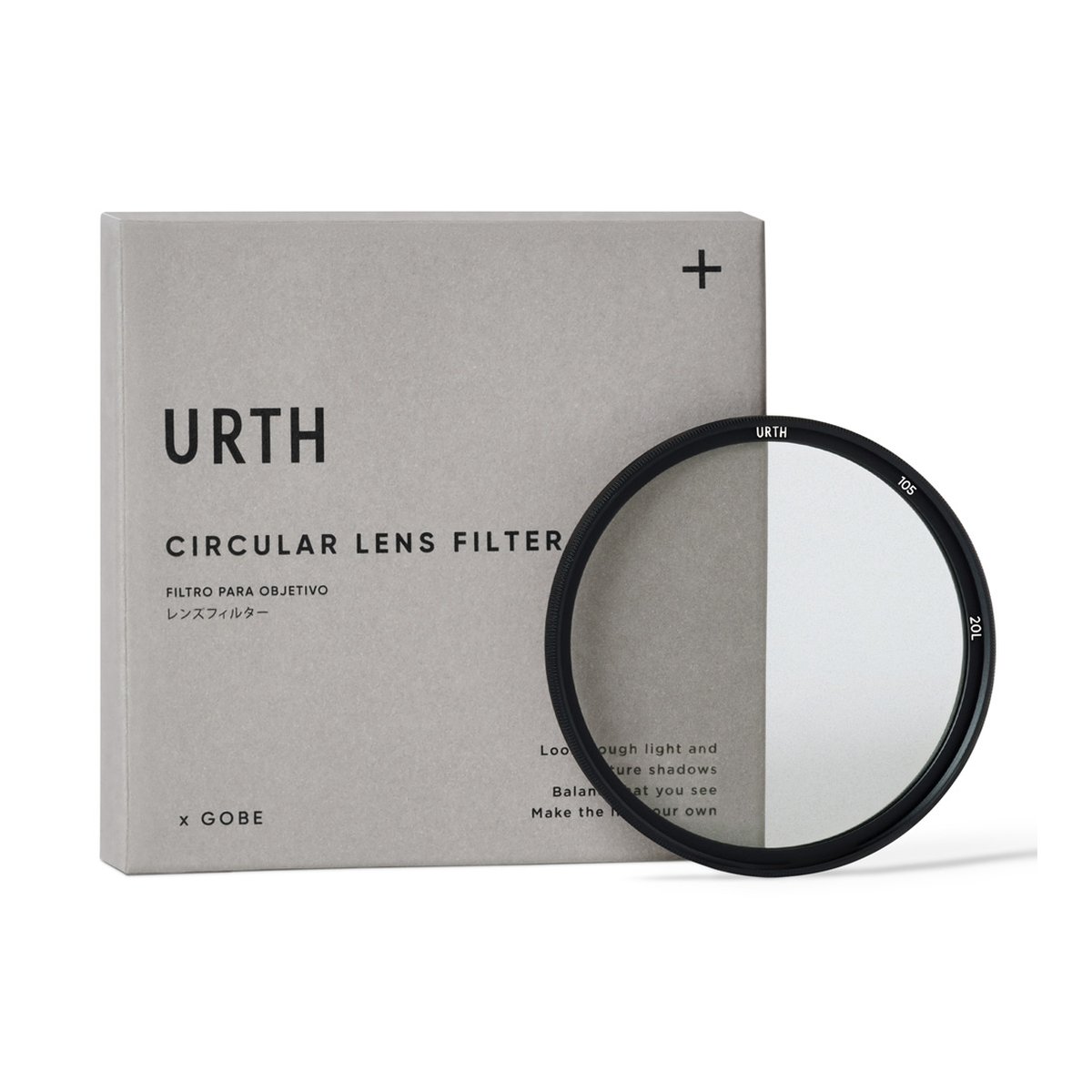 Urth 105mm Ethereal ¼ Black Mist Objektivfilter (Plus+) - Lieferumfang: Urth Zirkular-Objektivfilter und die graue Produktverpackung.