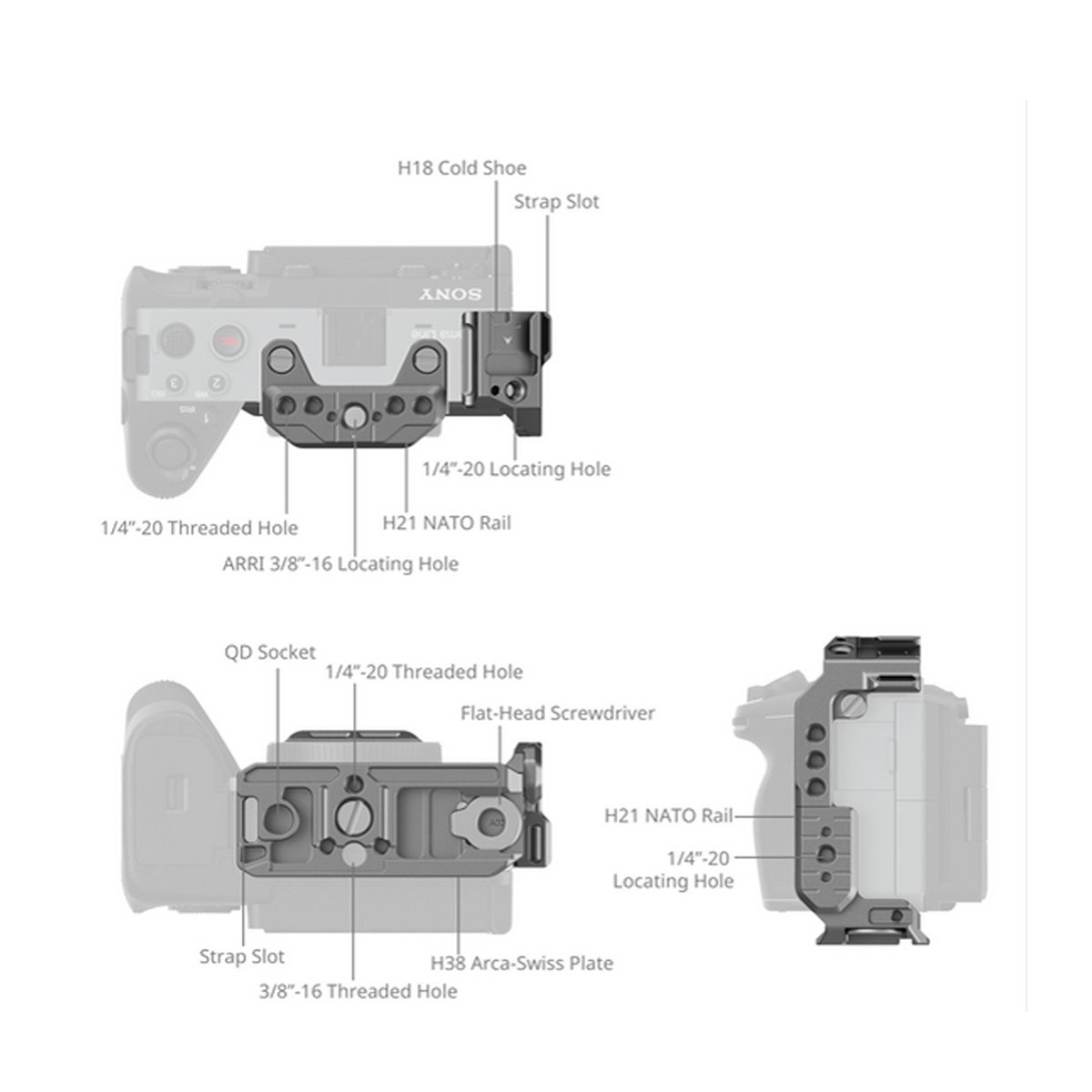 SmallRig 4772 HawkLock QR Half Cage für Sony FX3 / FX30 - Technische Detailansicht der Kamera-Cage-Anschlüsse von oben, unten und der Seite.